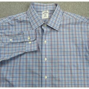 Brooks Brothers Shirt Men 16.5 - 2/3 Blue Plaid 100% Cotton Slim Fit Button Up
